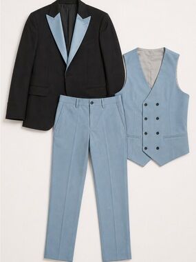 Black Jacket with Light Blue Satin-Lapel Three-Piece Suit